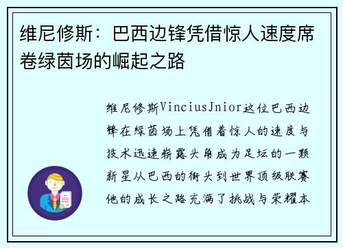 维尼修斯:巴西边锋凭借惊人速度席卷绿茵场的崛起之路 维尼修斯:巴西边锋凭借惊人速度席卷绿茵场的崛起之路