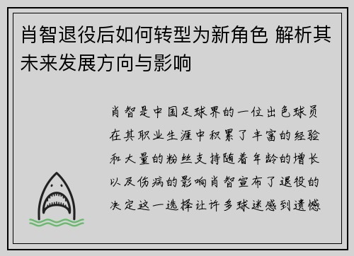 肖智退役后如何转型为新角色 解析其未来发展方向与影响 肖智退役后如何转型为新角色 解析其未来发展方向与影响