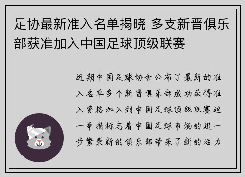 足协最新准入名单揭晓 多支新晋俱乐部获准加入中国足球顶级联赛 足协最新准入名单揭晓 多支新晋俱乐部获准加入中国足球顶级联赛
